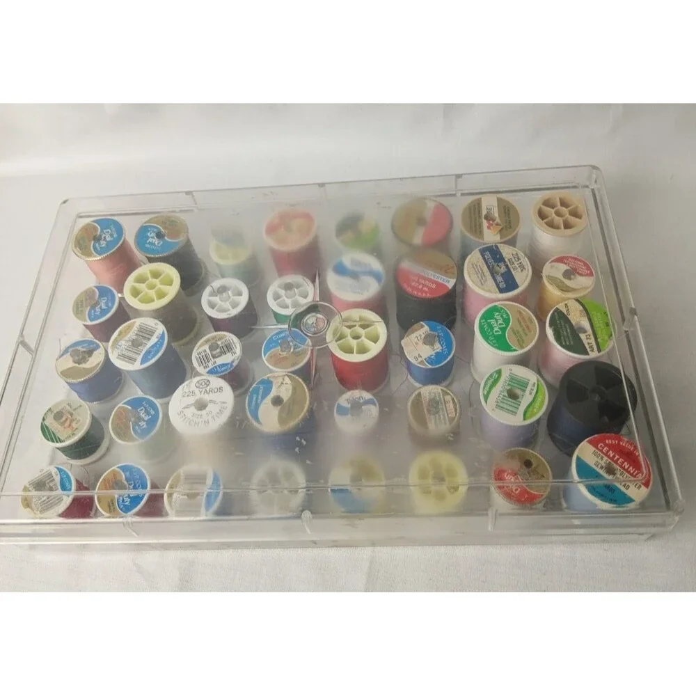 Assorted Sewing Thread 40 Spool Lot & Clear Plastic Organizer Box Storage Case